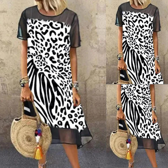 Leopard print mesh patchwork dress