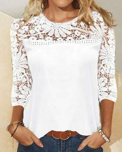 Lace Panel Solid Color Long Sleeve Top