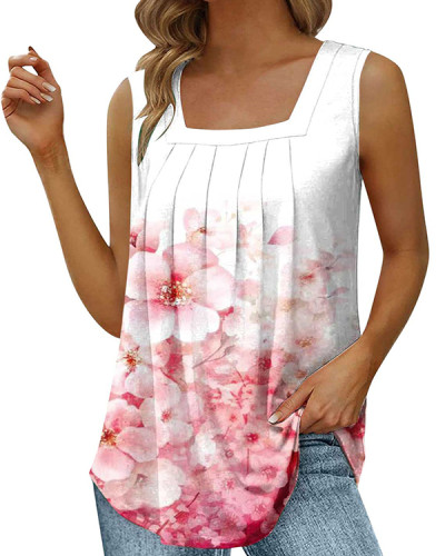 Sleeveless Pleated Print Tank Top