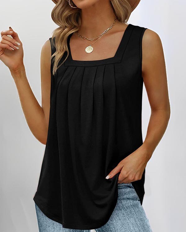 Solid Color Sleeveless Pleated Tank Top