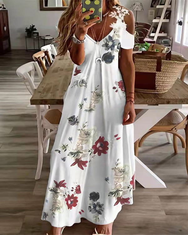 Casual Lace V-neck Floral Loose Dress