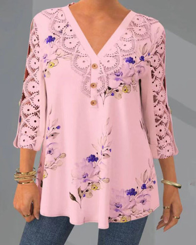 Lace V-neck Loose 3/4 Sleeve Casual Top
