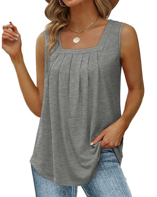 Solid Color Sleeveless Pleated Tank Top