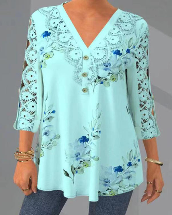 Lace V-neck Loose 3/4 Sleeve Casual Top