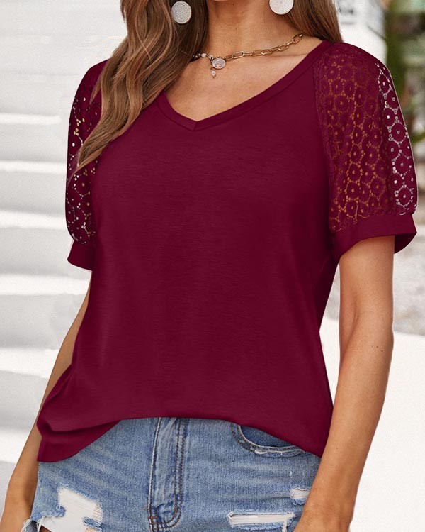 V-neck Lace Stitching Casual Loose Short-sleeved Top