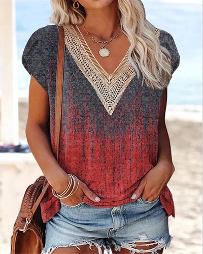 Lace Trim V-neck Printed Casual Top