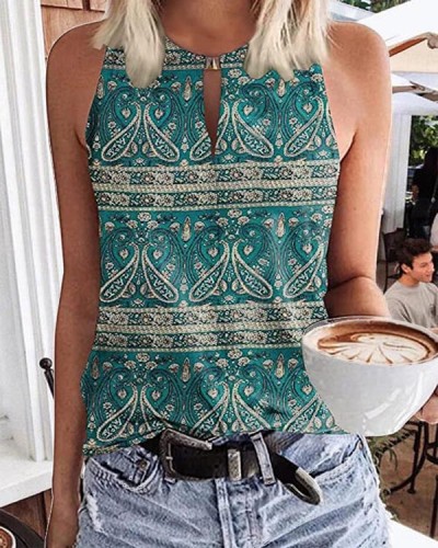 Ladies Vintage Keyhole V Neck Sleeveless Tank Top