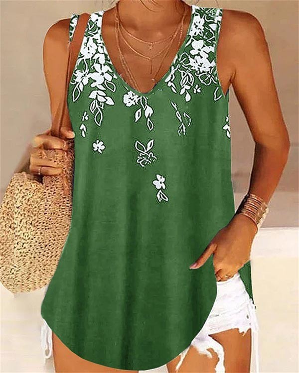 Casual Loose V Neck Floral Sleeveless Tank Top