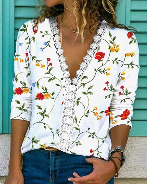Casual V-neck Lace Floral Loose Top