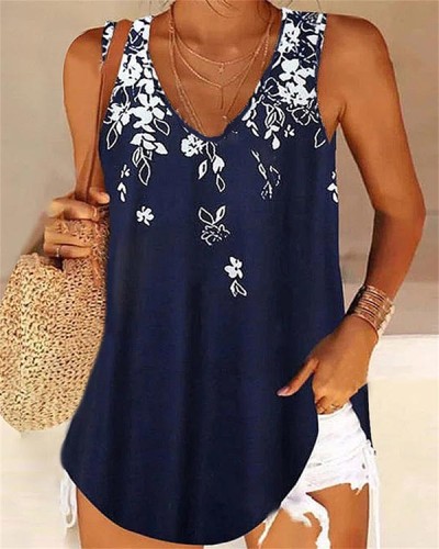 Casual Loose V Neck Floral Sleeveless Tank Top