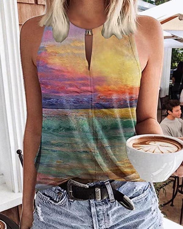 Ladies Vintage Keyhole V Neck Sleeveless Tank Top