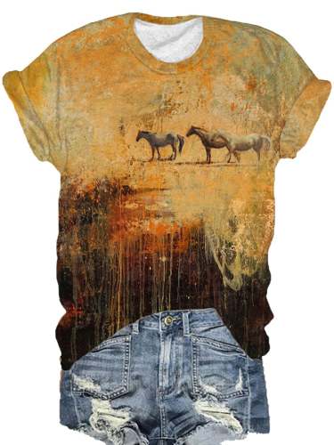 Women's Oil Painting Galloping Horse Print T-Shirt
