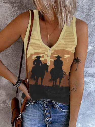 Women's Western Print Round Neck Sleeveless Tank Top