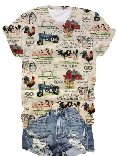 Women's Vintage Western Farm Animal Print Crew Neck T-Shirt