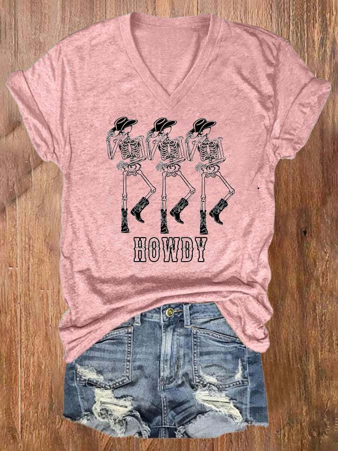 Women'S  Howdy Cowboy Dancing Skeleton Print T-Shirt