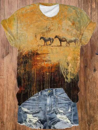 Women's Oil Painting Galloping Horse Print T-Shirt