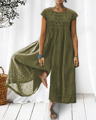 Casual Solid Color Short-sleeved Linen Jumpsuit