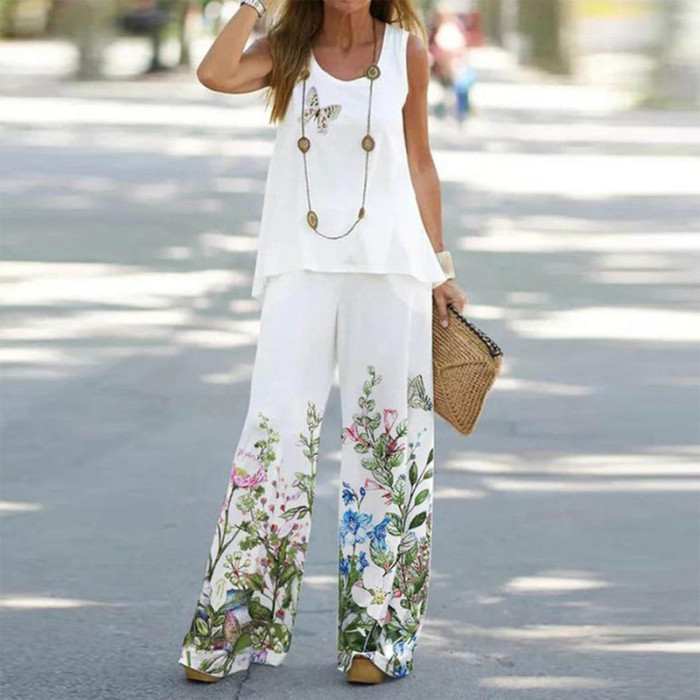 Casual Floral Loose Round Neck Two-Piece Set