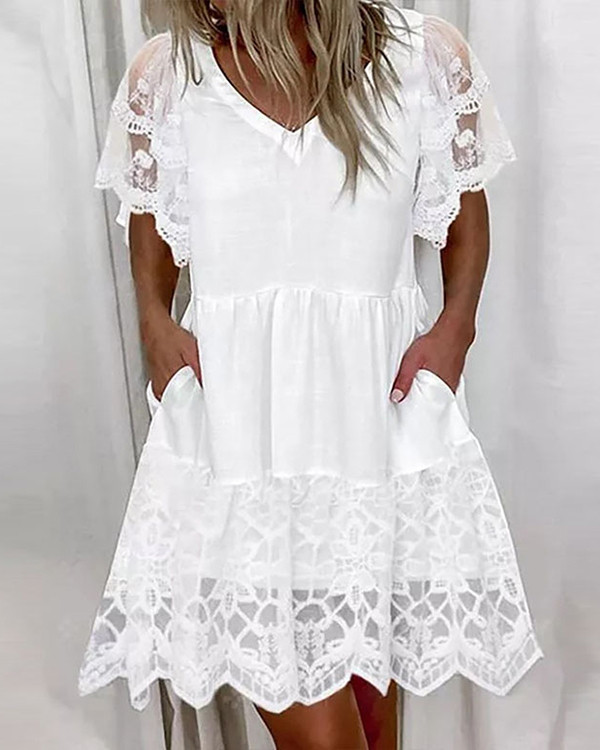 Casual V-neck Lace Short-sleeved Dress