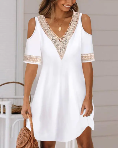 Holiday V-neck Lace Paneling Solid Color Dress