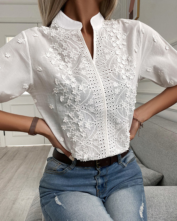 Design Sense V-neck Stand Collar Embroidered Lace Top
