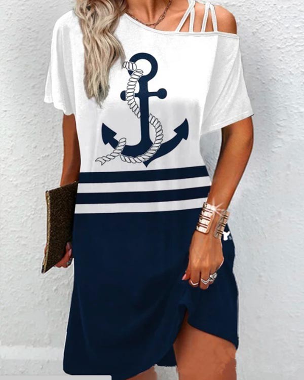 Vacation Anchor Off Shoulder Short Sleeve Dress