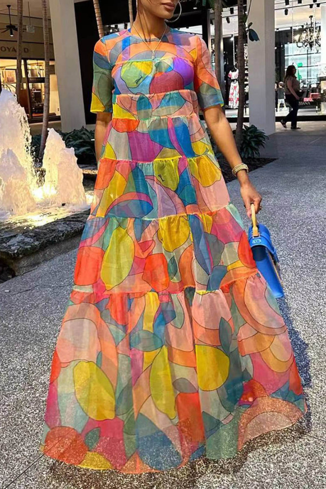 Multicolor Casual All Over Print Short Sleeve Maxi Dress