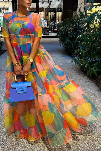 Multicolor Casual All Over Print Short Sleeve Maxi Dress
