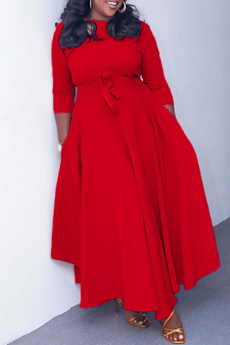 Red Casual Round Neck With Pocket Wrap Maxi Dress