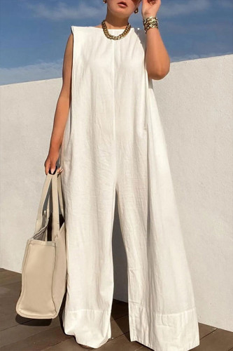 Plus Size White Casual Round-neck Sleeveless Wide Leg Jumpsuits