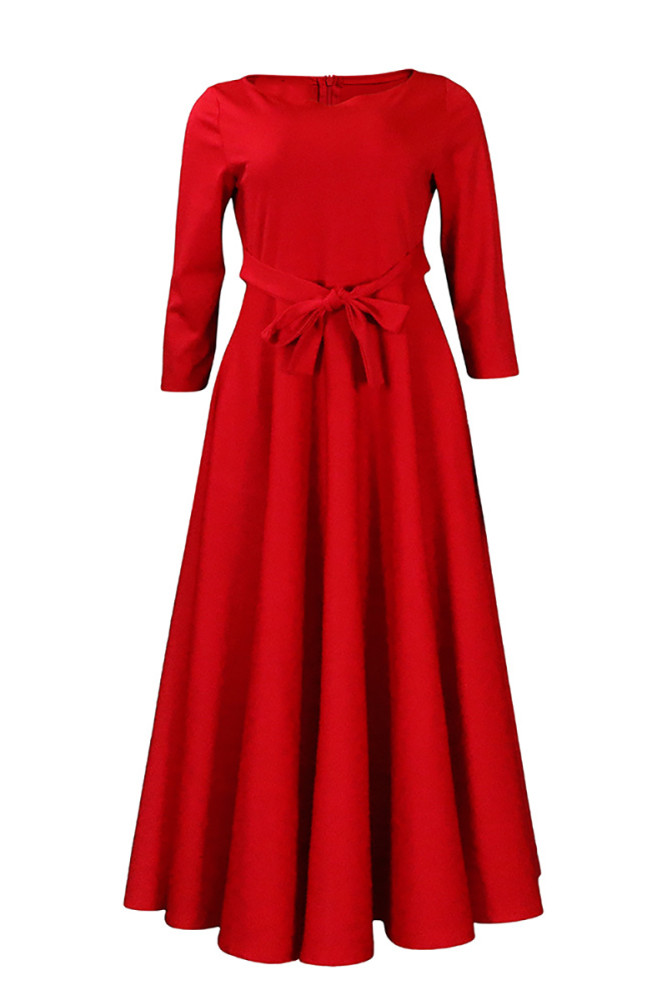 Red Casual Round Neck With Pocket Wrap Maxi Dress