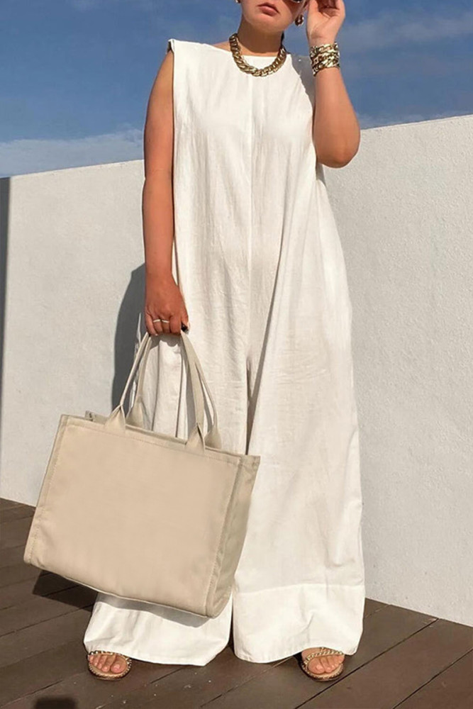 Plus Size White Casual Round-neck Sleeveless Wide Leg Jumpsuits