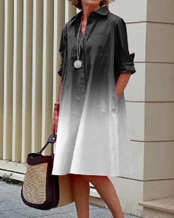 Temperament Gradient Shirt Long Sleeve Pocket Midi Dress