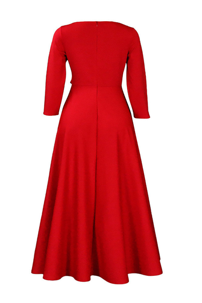 Red Casual Round Neck With Pocket Wrap Maxi Dress