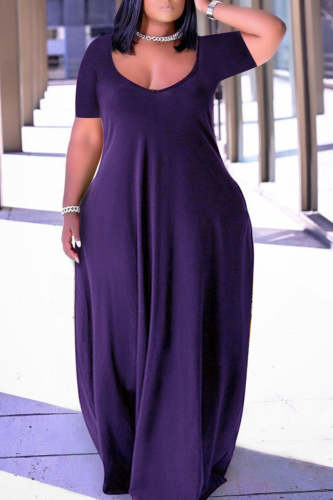 Plus Size Casual Burgundy Short Sleeves Solid Cocoon Summer Sun Maxi Dress