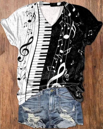 Piano Key Music Contrast Color V-Neck Top