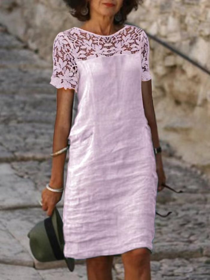 Lace Panel Round Neck Solid Color Cotton Dress