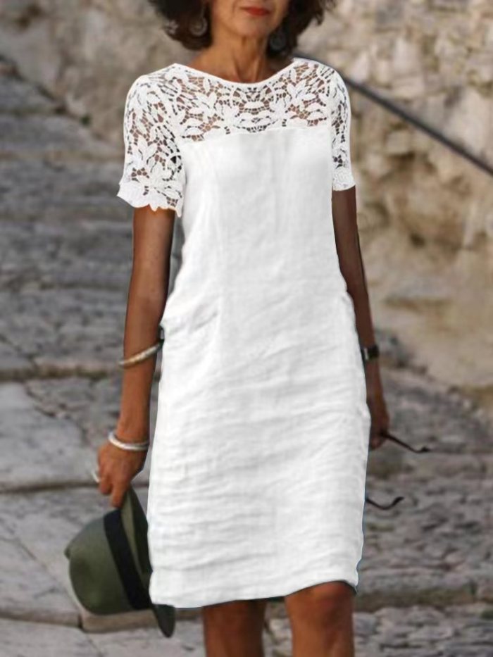 Lace Panel Round Neck Solid Color Cotton Dress