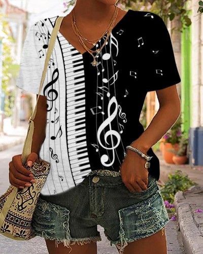 Piano Notes Contrasting Color Short Sleeve Top
