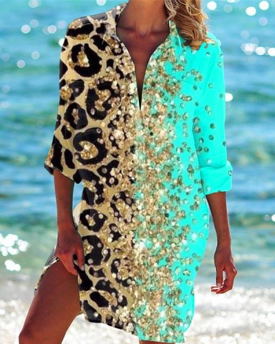 Resort Beach Contrast Leopard Shirt Dress
