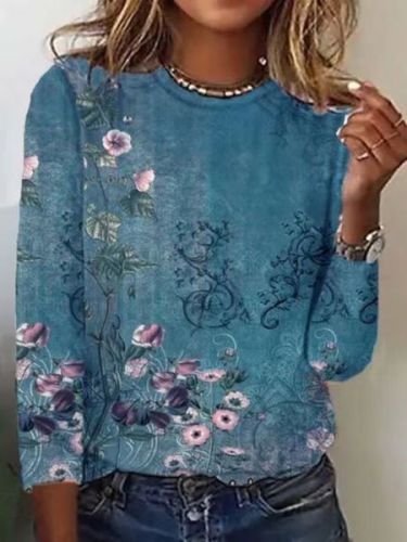 Casual Crew Neck Floral Long Sleeve Top