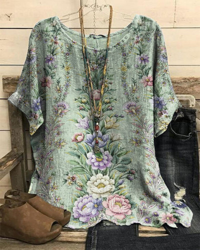 Casual Floral Round Neck Short Sleeve Top