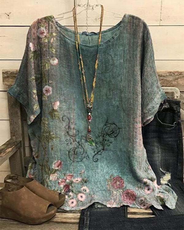 Casual Floral Round Neck Short Sleeve Top