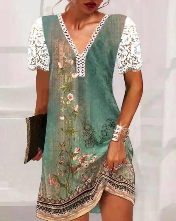 Casual Lace Stitching V-neck Short-sleeved Dress