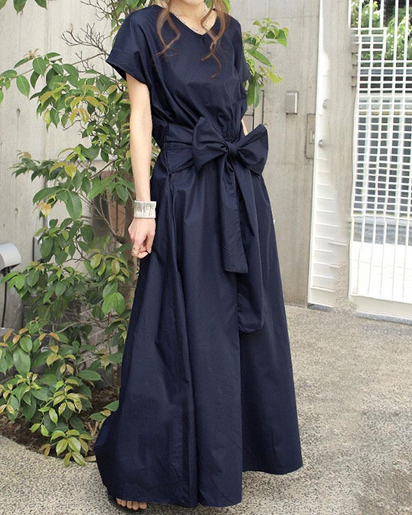 Solid Color Simple Short-sleeved Long Dress