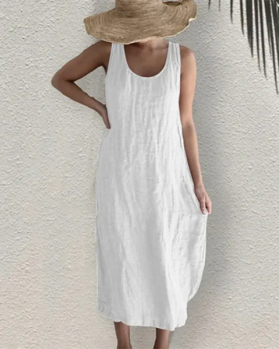 Round Neck Sleeveless Cotton Linen Midi Dress