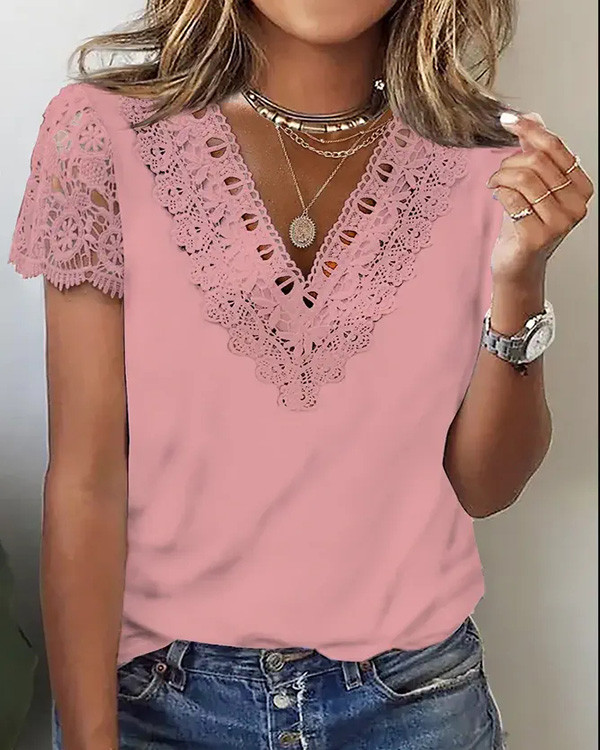 Casual Loose Lace V-neck Solid Color Short-sleeved Top