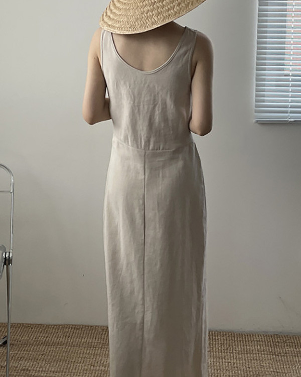Solid Color Simple Round Neck Sleeveless Cotton Linen Dress