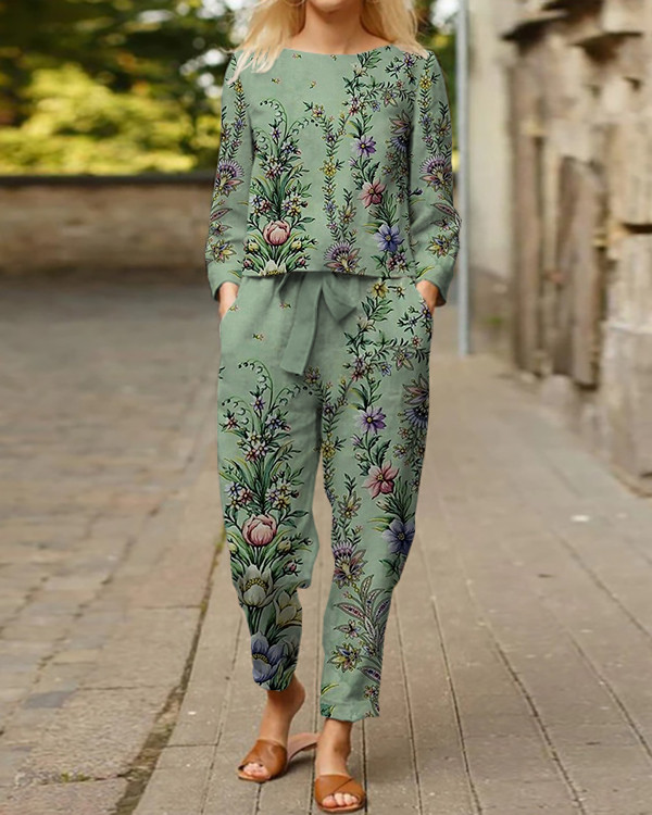 Women's Casual Green Floral Two-Piece Suit