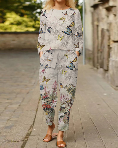Women's Casual Butterfly Flower Two-Piece Suit